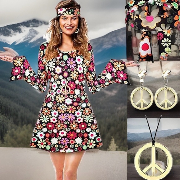 Women Costume 80's and 90's hippie disco dress with accedories Medium New - Picture 4 of 4